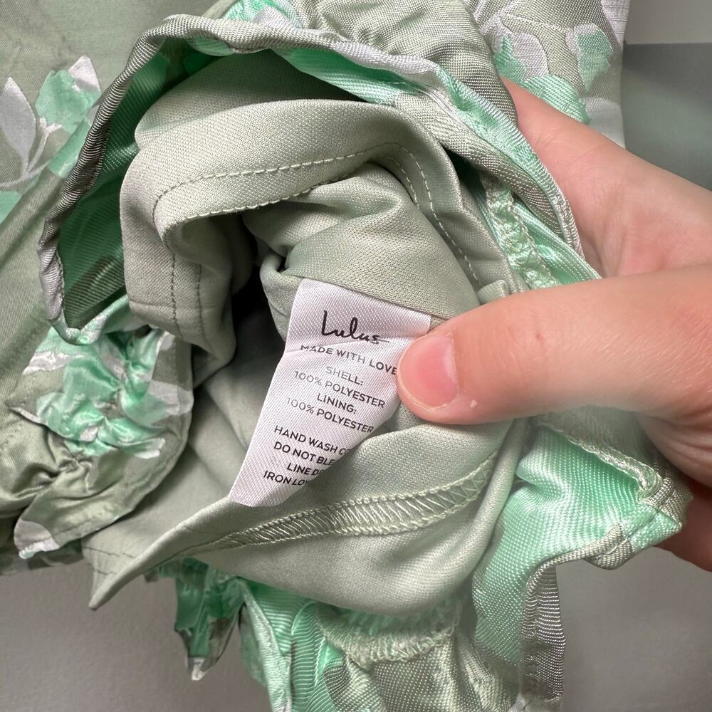 NWT Lulus Pop the Bottle Sage Green Floral Jacquard Ruffled Mini Dress Size XL - Picture 7 of 9